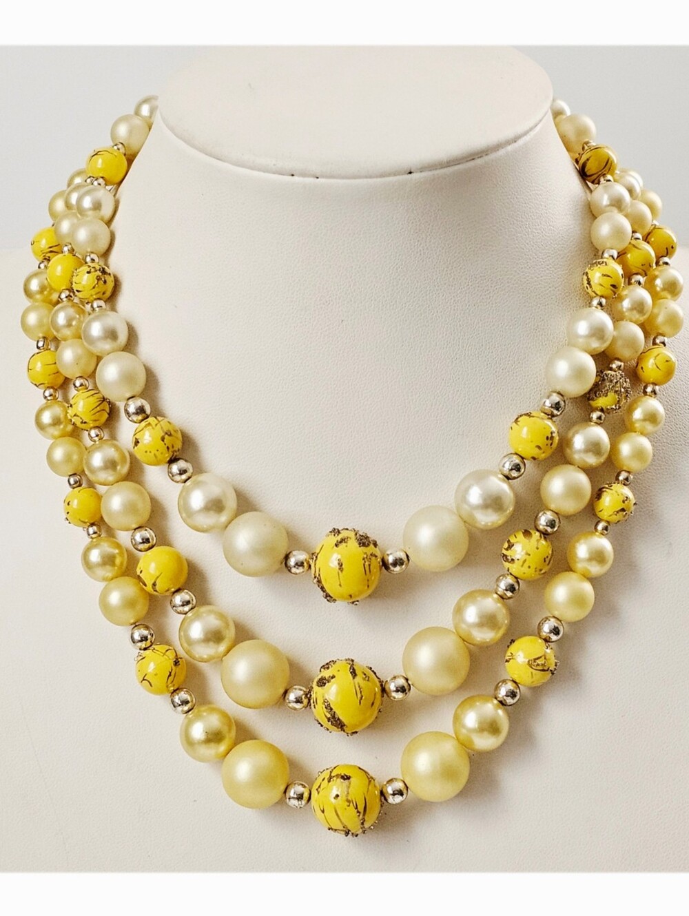 Vintage Japan Faux Pearl Triple-Strand Yellow and Cream Bead Necklace